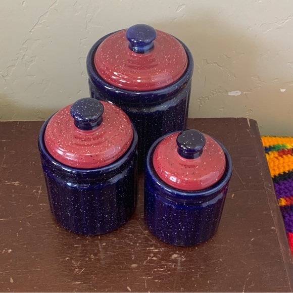 Vintage 3 Piece Speckled Blue Red Glass Kitchen Jars Canisters Lids Flour Sugar - Picture 2 of 5